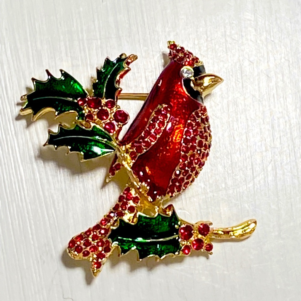 DANA BUCHMAN Cardinal Bird Rhinestone and Enamel Brooch Pin with Holly